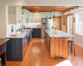 129-02 [Island] Wood : Reclaimed Red Oak; Stain color : Nutmeg; Door Style : Craftsman; Face Frame : Square Inset; [Perimeter cabinetry, uppers] Wood : Maple; Paint...