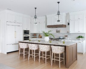 140-01 ISLAND and RANGE HOOD Wood : Clear Walnut; Stain Color : Weathered (toned); Door Style : Newport; Face Frame : Beaded Inset; PERIMETER Wood : Maple; Paint Color...