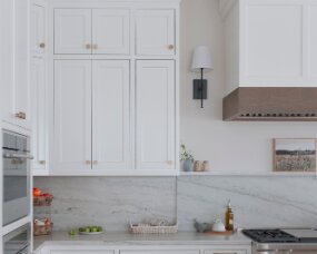 140-06 ISLAND and RANGE HOOD Wood : Clear Walnut; Stain Color : Weathered (toned); Door Style : Newport; Face Frame : Beaded Inset; PERIMETER Wood : Maple; Paint Color...