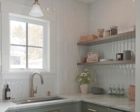 140-09 Pantry from Crown Select Wood : Maple; Paint Color : Rosemary; Door Style : Cornish; Face Frame : Square Inset