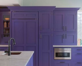 141-02 Wood: Maple; Paint Color: Fully Purple; Door Style: Bradford; Face Frame: Square Inset