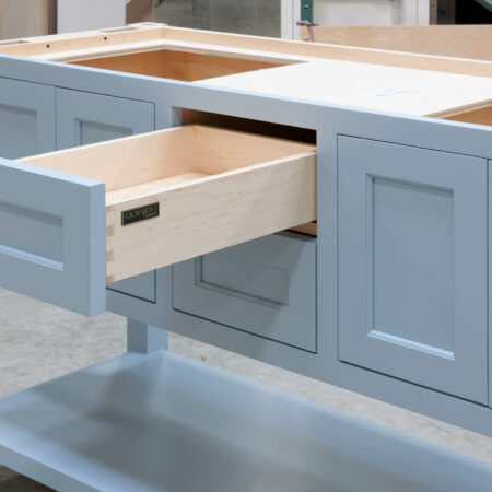Four Post Sink Cabinet for Two Sinks - Top Drawer Open