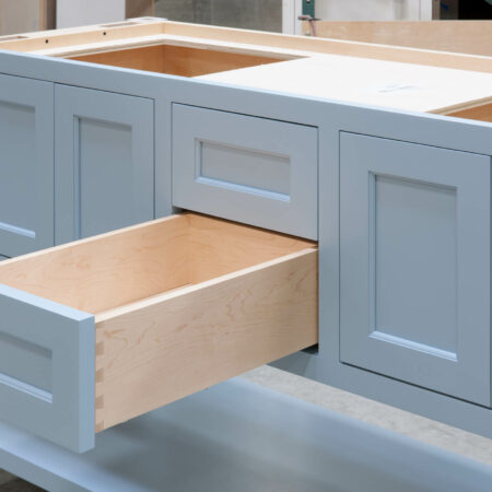 Four Post Sink Cabinet for Two Sinks - Bottom Drawer Open