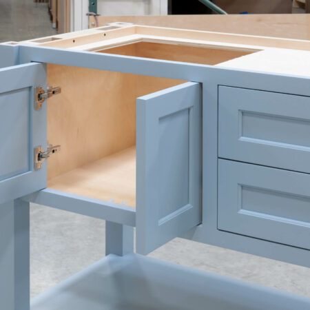 Four Post Sink Cabinet for Two Sinks - Left Set of Doors Open