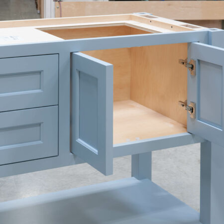 Four Post Sink Cabinet for Two Sinks - Right Set of Doors Open