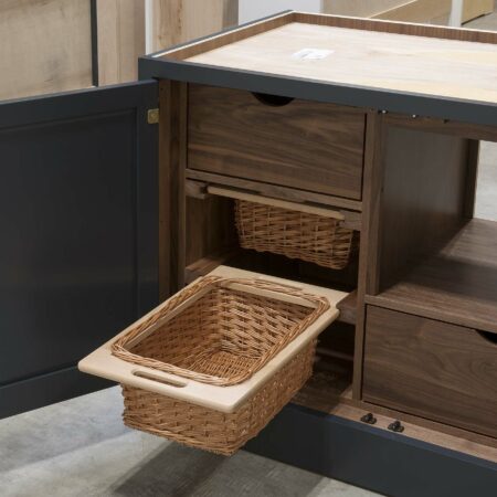 Base Cabinet with Two Roll Out Drawers and Two Wicker Baskets - Bottom Basket Open