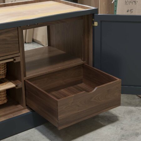 Base Cabinet with Two Roll Out Drawers and Two Wicker Baskets - Right Roll Out Open