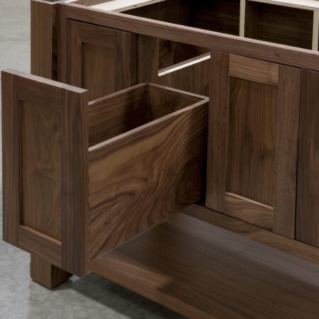 Four Post Vanity Cabinet - Middle Left Drawer Open