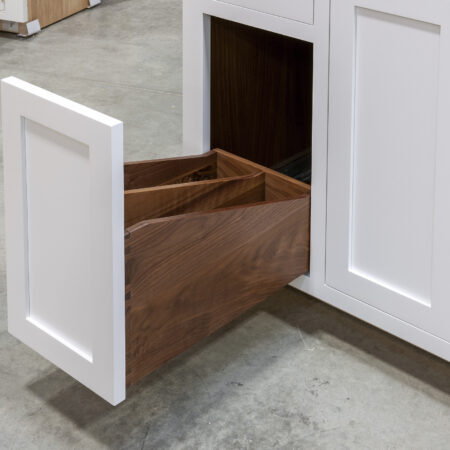 Base Cabinet with Tray Divider Drawer, Can Storage and Double Waste Bins - Tray Drawer Open