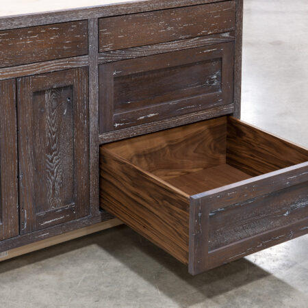 Base Cabinet with Reclaimed Red Oak, Chestnut stain and Surf Highlights - Right Bottom Drawer Open