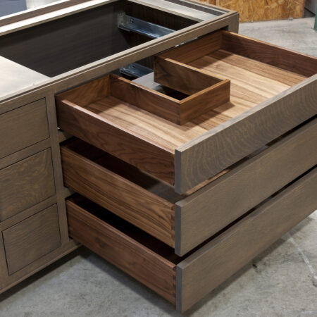 Nine Drawer Vanity Cabinet - Right Bank of Drawers Open