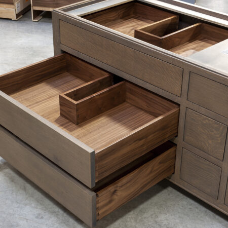 Nine Drawer Vanity Cabinet - Left Bank, Bottom Two Drawers Open