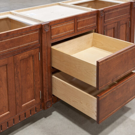Eastlake Inspired Master Bath Cabinet - Bottom Drawers Open