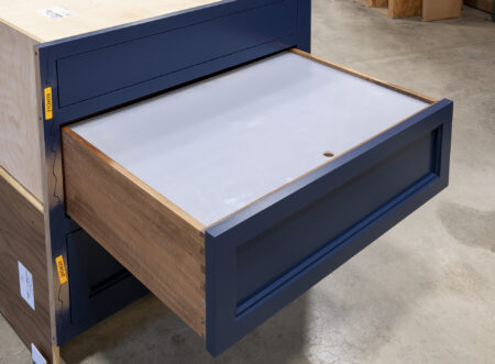 Three Drawer Base with Adjustable Dividers, Plexi Lid, Plate Drawer - Middle Drawer Open, Lid Closed
