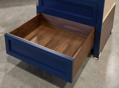 Three Drawer Base with Adjustable Dividers, Plexi Lid, Plate Drawer - Bottom Drawer Open
