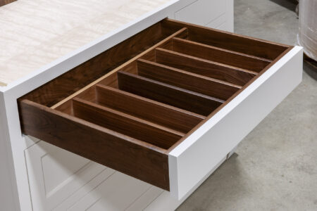 Four Drawer Base with Utensil Divider and Wave Knife Block - Top Left Drawer Open