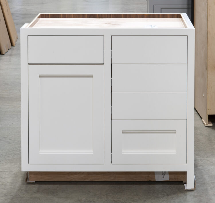Five Drawer Base Cabinet with Recycling Center, Flatware Divider, and Bread Box