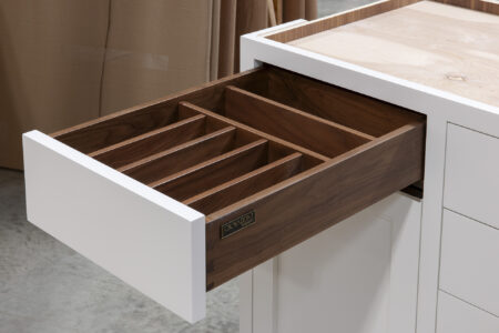 Five Drawer Base Cabinet with Recycling Center, Flatware Divider, and Bread Box - Left Drawer Open