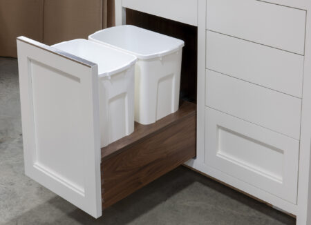 Five Drawer Base Cabinet with Recycling Center, Flatware Divider, and Bread Box - Recycling Center Open