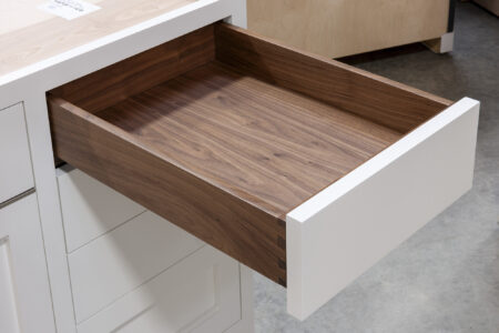 Five Drawer Base Cabinet with Recycling Center, Flatware Divider, and Bread Box - Top Right Drawer Open