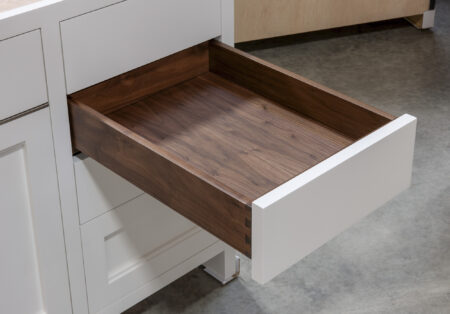Five Drawer Base Cabinet with Recycling Center, Flatware Divider, and Bread Box - Second Drawer Open