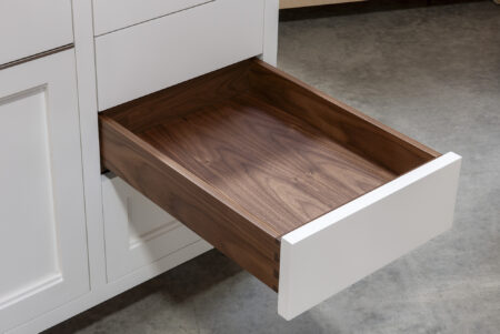 Five Drawer Base Cabinet with Recycling Center, Flatware Divider, and Bread Box - Third Drawer Open