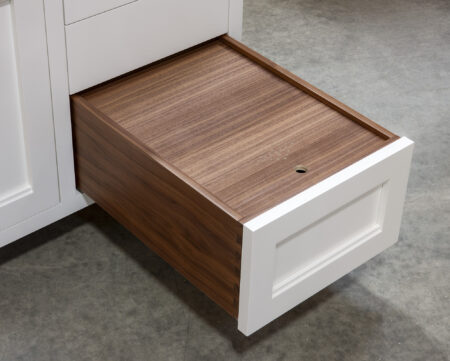 Five Drawer Base Cabinet with Recycling Center, Flatware Divider, and Bread Box - Bread Box Drawer Open