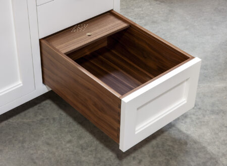 Five Drawer Base Cabinet with Recycling Center, Flatware Divider, and Bread Box - Bread Box Lid Open