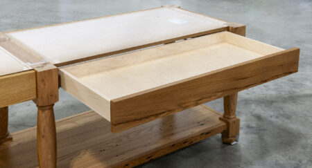 Reclaimed Chestnut Island with Two Drawers - Right Drawer Open