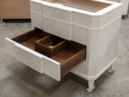 Reeded Vanity with Pipe Chase Drawers - Middle Drawer Open
